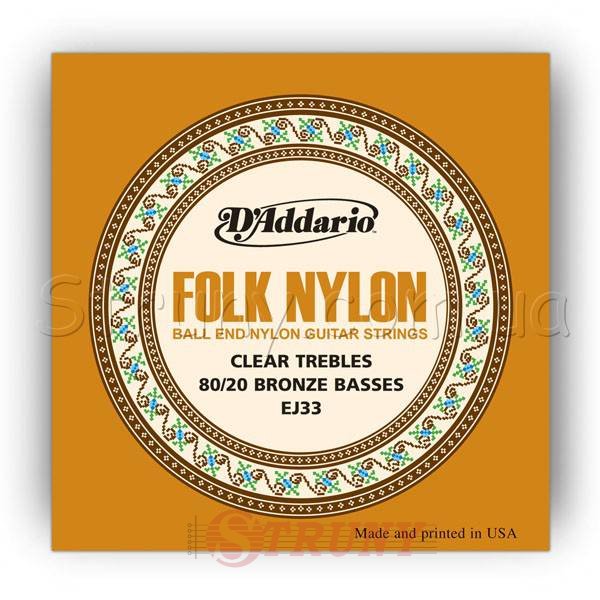 D'Addario EJ33 Folk Nylon Ball End 80/20 Bronze/Clear Nylon Trebles
