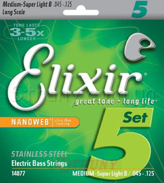 Elixir 14877 Nanoweb Coated Stainless Steel Medium-Super Light Bass 5 Strings 45/125