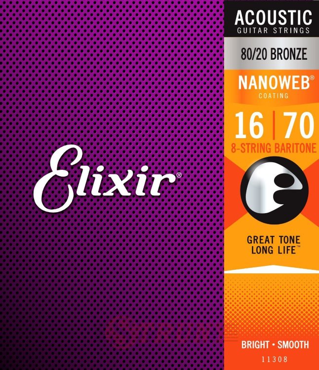 Elixir 11308 Nanoweb 80/20 Bronze Acoustic 8-String Baritone 16/70