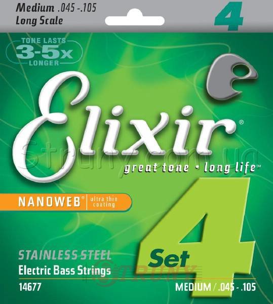 Elixir 14677 Nanoweb Coated Stainless Steel Medium 4-Strings 45/105